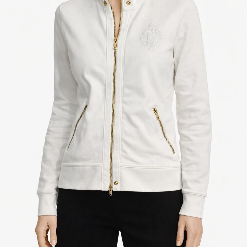 Lauren Ralph Lauren White Cotton Zip Jacket Gold Crest Petite P Lightweight